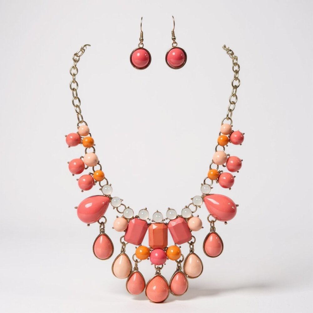 Multi pink Peach Lucite drops On Gold Tone Statement Necklace earring set